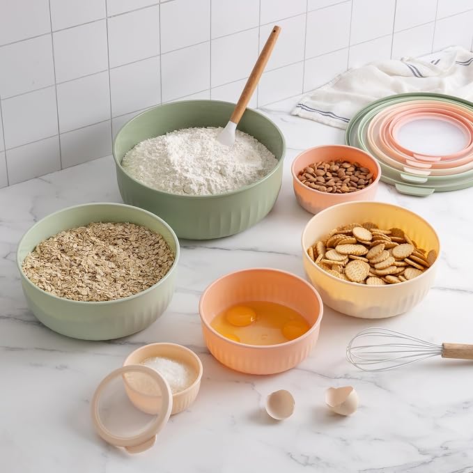 COOK WITH COLOR Prep Bowls with Lids- Wide and Deep Nesting Plastic Small Mixing Bowl Set with Lids, 12 Piece Set - Wide Bowls, Mint/Pink - Image 6