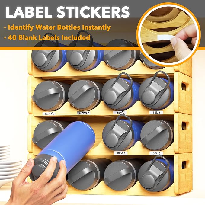 SpaceAid Bamboo Water Bottle Organizer with Labels, Kitchen Pantry Water Bottle Storage Rack for Cabinets, Home Cup and Wine Bottle Holder Shelf Organizers, 4 Pack 4-Slot, Hold 16 Bottles - Image 4