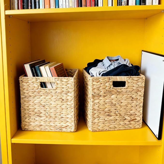 12x12in Storage Baskets,Set of 4 Water Hyacinth Baskets,Wicker Cube Baskets Laundry Organizer,Foldable Handwoven Storage Cubes,for Cube Shelf,Collapsible Laundry Baskets Pantry,Living Room,Bedroom - Image 6