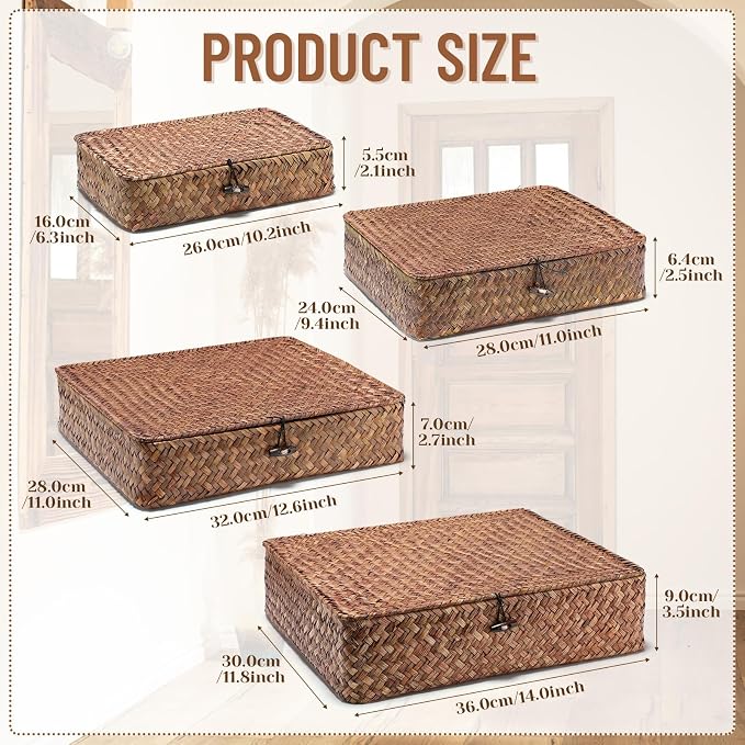 Didaey Set of 4 Seagrass Basket with Lid Wicker Storage Basket Decorative Storage Boxes with Lids Flat Storage Bins Woven Organizer Baskets for Shelf Closet Bedroom, 4 Sizes (Dark Brown) - Image 2