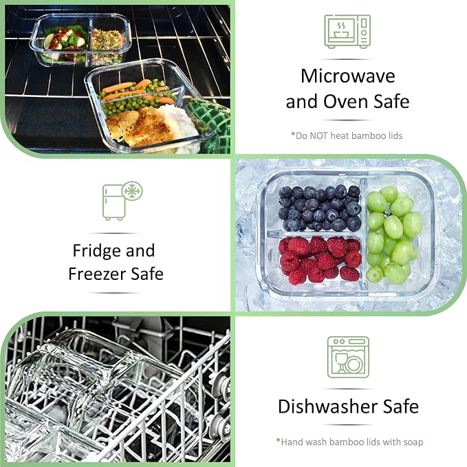 Glass Bento Box Containers with Bamboo Lids, 3 Compartment Glass Meal Prep Containers (3 Pack) - 100% Plastic Free, Eco-Friendly Lunch Container Set, Bamboo Lid Bento Boxes for Adults - Image 6