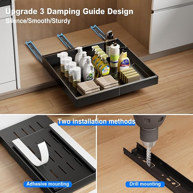 MUSTORN 2 Pack Pull Out Cabinet Organizer Expandable, 21"Deep Slide Out Drawer for Cabinets Adhesive Pull Out Drawers Heavy Duty Pull Out Shelves for Kitchen, Cupboard, Pantry, Bathroom(Black) - Image 6