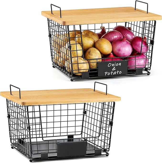 2 Set XXL Stackable Wire Basket with Bamboo Tops & Tag- Pantry Organizer and Storage Bins, Kitchen Counter Cabinet Shelf Countertop Under Sink Organizing, Food Snack Produce Onion Potato Bread Storage by AOZITA