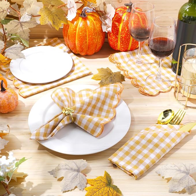 SmoothNovelty 12 Pack Buffalo Plaid Cloth Napkins 18x18 Inch Checkered Cloth Napkins Scalloped Soft Cotton Table Mat Washable Reusable for Dinner Wedding Holiday Birthday Parties (Classic,Yellow) - Image 4