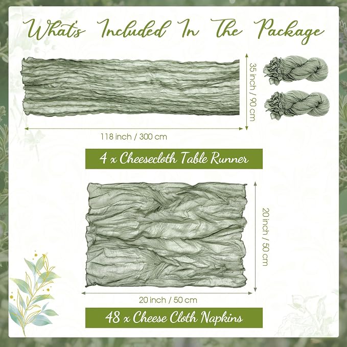 4 Cheesecloth Table Runners and 48 Napkins Set, 10Ft Boho Cheese Cloth Table Runners 20 x 20 Inch Rustic Wrinkled Gauze Napkins for Wedding Birthday Baby Shower Party Decor (Sage Green) - Image 2