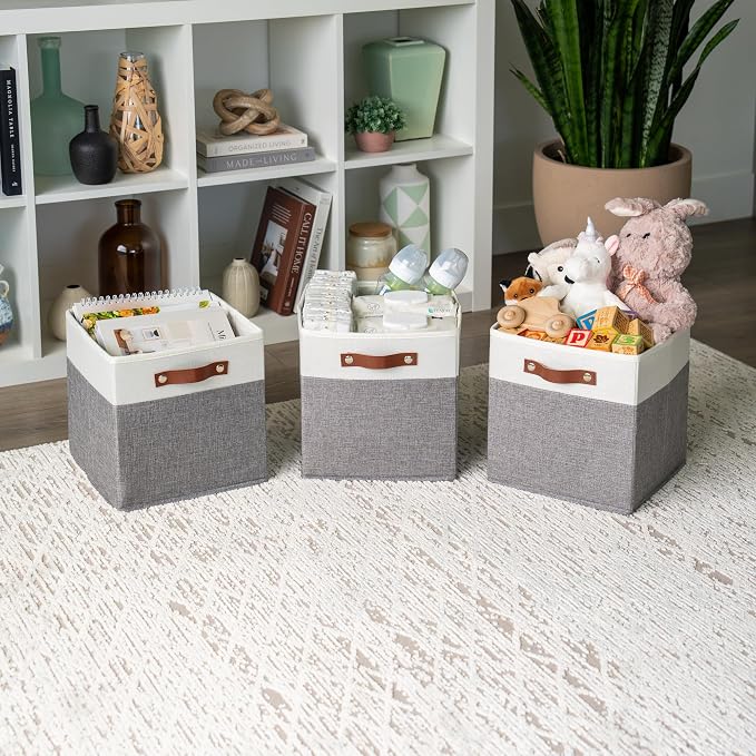OrganiHaus 11x11 Cube Storage Bins, Set of 4 - Fabric Storage Cubes | Sturdy, holds its shape; odor-free; fits ClosetMaid 11-inch shelves; vegan leather handles - Image 4