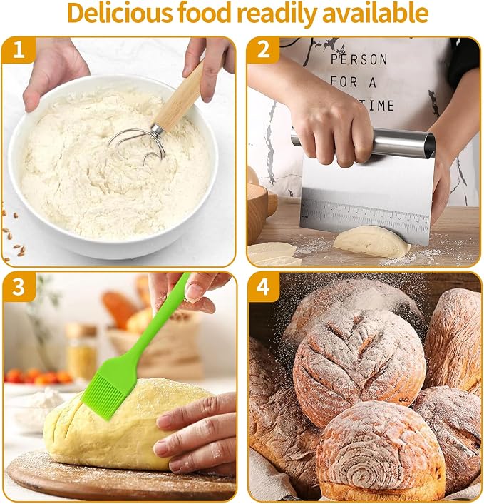 Set of 3 Stainless Steel Dough Scrapers, 15/20/25 cm, Non-Stick Dough Card with Dough Stirrer, Pastry Brush, Dough Cutter, Dough Spatula with Measuring Scale, Cake Scraper for Bread Shaping, Bread - Image 5