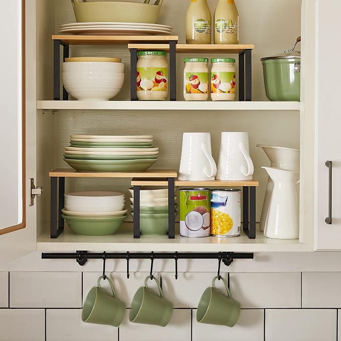 SONGMICS Set of 2 Cabinet Organizers and Countertop Shelves Bundle, Kitchen Counter Shelving, Stackable and Expandable, Rustic and Black and Natural UKCS02NB and UKCS020X01 - Image 3