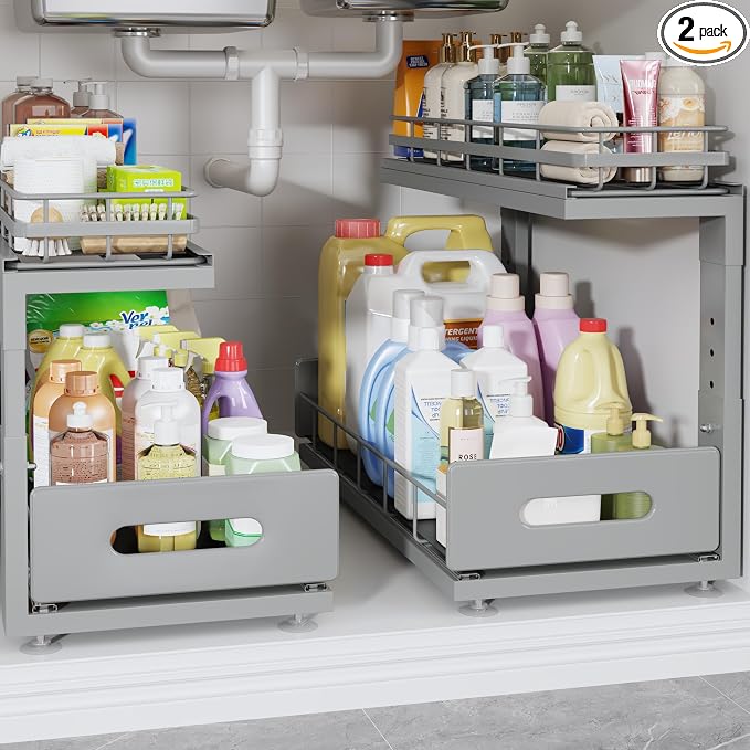 Under Sink Organizer Upgrade To Professional Rails,2-Tier Dual Pull Out Cabinet Storage,Height Adjustable Slide Out Drawers For Bathroom Kitchen,2 Pack-18.5"Dx12.8"-16.9"H,Gun Gray by UnderSinkOrganizer