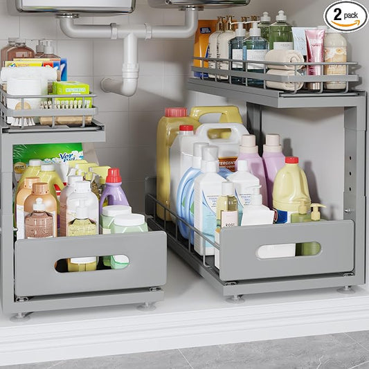 Under Sink Organizer Upgrade To Professional Rails,2-Tier Dual Pull Out Cabinet Storage,Height Adjustable Slide Out Drawers For Bathroom Kitchen,2 Pack-18.5"Dx12.8"-16.9"H,Gun Gray by UnderSinkOrganizer