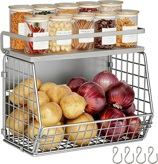 Wire Fruit Basket 2 IN 1 Magnetic & Hanging Wall Produce Basket with Spice Rack for Potato Onion Vegetable Storage for Pantry,Kitchen Countertop and Fridge Organizer by Clothink