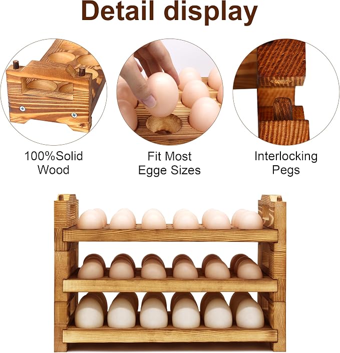 Wooden Egg Holder Countertop Fresh Egg Holders Firewood Egg Collecting Rack for Gathering Fresh eggs, Stackable with 54 eggs, Home Kitchen Organizer, Set of 3 PCS - Image 4