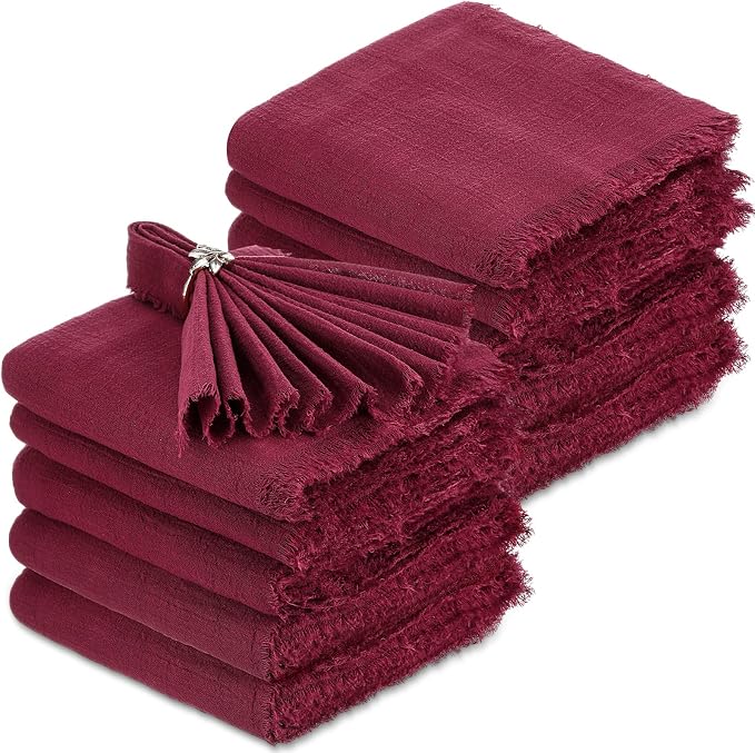 48 Pcs Cotton Linen Cloth Napkins with Fringe 16.5 x 16.5 Inch Square Rustic Dinner Linen Napkins Bulk for Wedding Party Banquet Dinner (Wine Red) by Buryeah