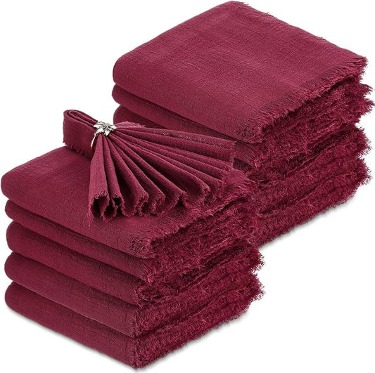 48 Pcs Cotton Linen Cloth Napkins with Fringe 16.5 x 16.5 Inch Square Rustic Dinner Linen Napkins Bulk for Wedding Party Banquet Dinner (Wine Red) by Buryeah