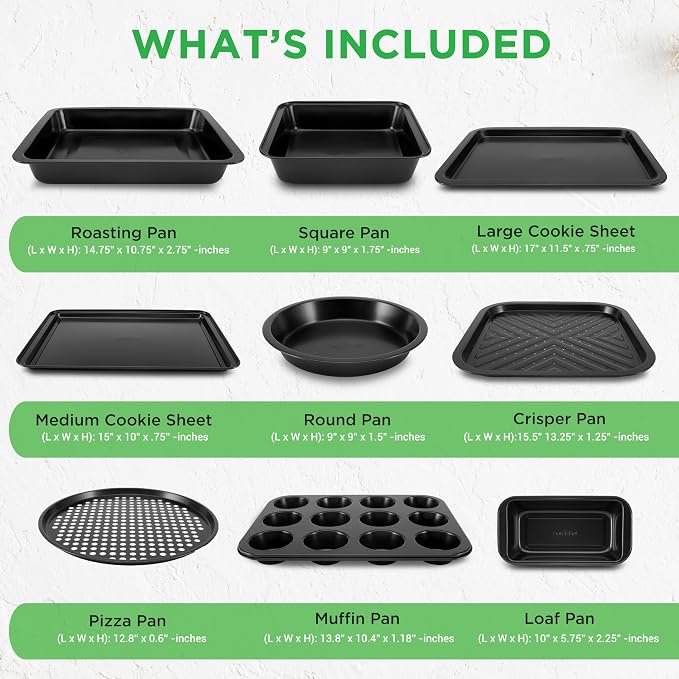 10-Piece Nonstick Bakeware Set - PFOA PFOS PTFE Free Food Grade Safe Carbon Steel Baking Tray Set - Oven Safe Up to 446°F, Pizza, Loaf, Muffin, Round/Square Pans, Cookie Sheet, Etc - NutriChef NCBS10S - Image 2