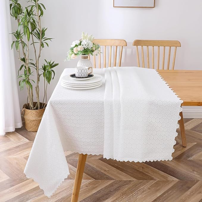 Majestic Giftware Polyester Tablecloths for Rectangle Tables - White Lace | (70/160) - TC1725L Mini Hexagon - Lined Design Dining Table Cover | Decorative Washable Tablecloth for Home, Kitchen, Dining by MajesticGiftware
