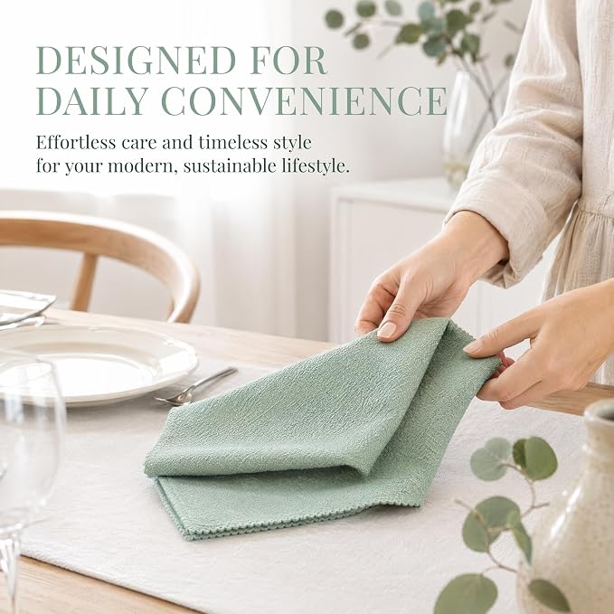17x17 Solid Green Cloth Napkins Set of 6 Washable Everyday Dining | Bring nature indoors. These 17x17 reusable green linen napkins offer an eco-friendly upgrade for your family meals. - Image 7