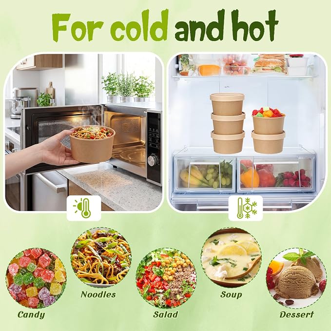 Fulmoon 100 Pack Paper Soup Containers with Lids Disposable Paper Food Containers with Vented Lid Kraft Ice Cream Cake Dessert Cups Soup Bowl for Party Hot Food Fruit Microwave(15 oz,Brown) - Image 4