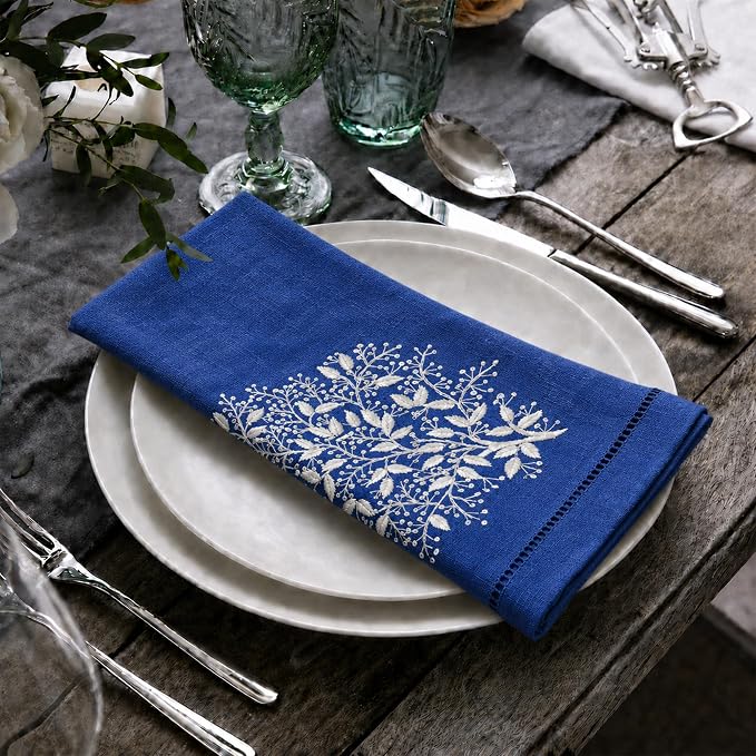 Cloth Napkins Set of 4, 20x20 inch, 100% Linen Hand Embroidered French Knot, Reusable & Machine Washable, Elegant Table Napkins for Dinner, Weddings, Parties (Royal Blue) - Image 4