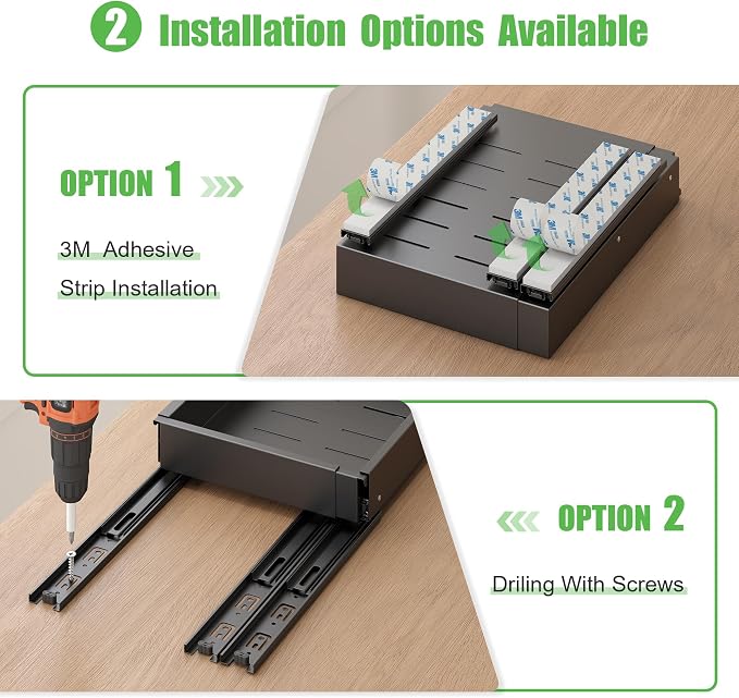 2 Pcs Pull Out Drawers for Cabinets Organizer Expandable Width(11.8"-19.4"), Depth(16.45"-21.7") With 3 Rails, No Drill Roll Out Drawer, Adhesive Sliding Drawers for Kitchen Pantry Storage (Black) - Image 3