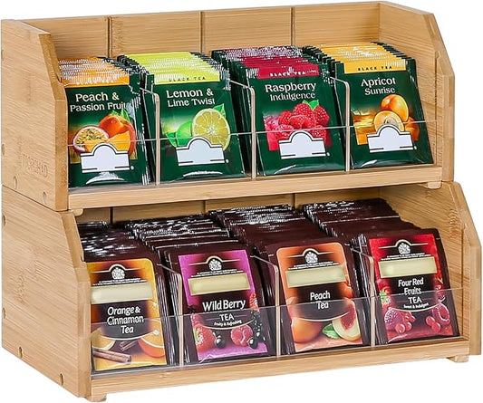 2-Layer Stackable Bamboo Tea Bag Organizer Storage Holder, Natural | Holds 150 tea bags, Removable Compartments, Wood, Acrylic dividers, 12.2 x 5.9 x 9.25 in, for Cabinet, Countertop, Office by TIOPGHAD