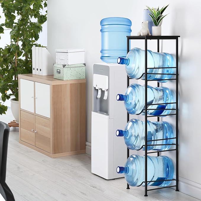 ETELI 5 Gallon Water Jug Holder 4 Tier Gallon Water Bottle Holder with Storage Shelves Water Cooler Jug Rack Stand for 5 Gallon Water Dispenser Organizer for Kitchen, Office, Living Room, Black - Image 6