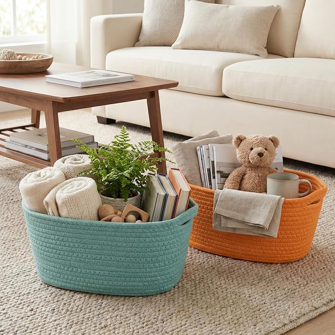 Sawysine 6 Pcs Storage Baskets Bulk for Organizing Cotton Rope Woven Basket with Handles for Gift Cloth Shelves Blanket Toys Living Room(Morandi) - Image 3