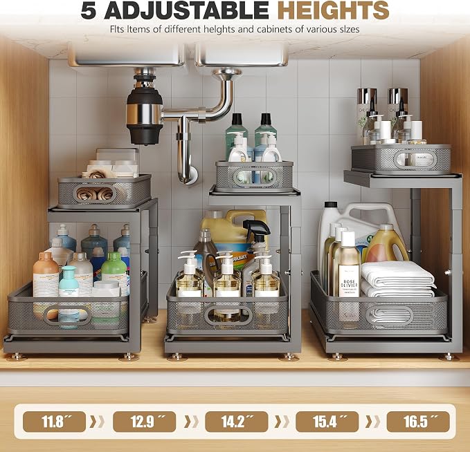 2-Pack Under Sink Storage Organizer with 2-Tier Slide Out Drawer, Sophisticated Mesh Pull Out Shelf for Kitchen & Bathroom, Fits Small Items, Upgraded Arched Track for Smooth Gliding-Gun Gray - Image 9