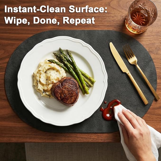 Placemats, Oval Placemats 2mm Ultra Thick Faux Leather Table Mats, Heat Resistant Waterproof Wipeable Dining Mats for Kitchen Table, Set of 8, Classic Grey - Image 3