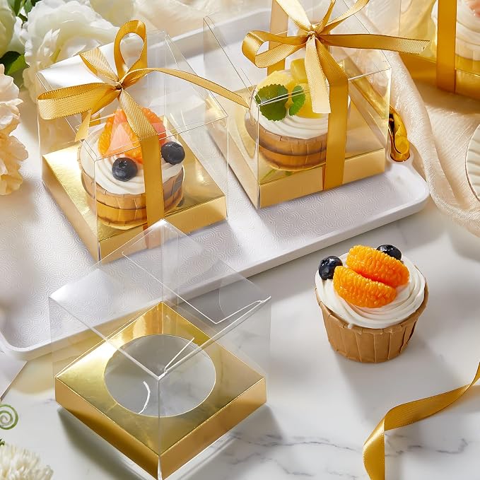 96 Pieces Individual Cupcake Boxes Single Cupcake Container Clear Cupcake Carrier Plastic Cupcake Storage Cupcake Holder with Ribbon and Insert for Wedding Birthday Party Favor, 3.5 x 3.5 x 3.5(Gold) - Image 4