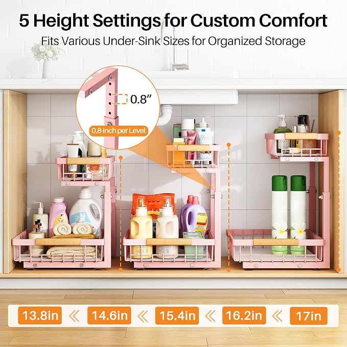 PXRACK Under Sink Organizer, Adjustable Height, 2 Tier Pull Out Under Cabinet Organizer, Slide Out Thickened Metal Under Sink Storage for Kitchen Bathroom Laundry Pantry Cabinet, Pink, Large-2-Pack - Image 5