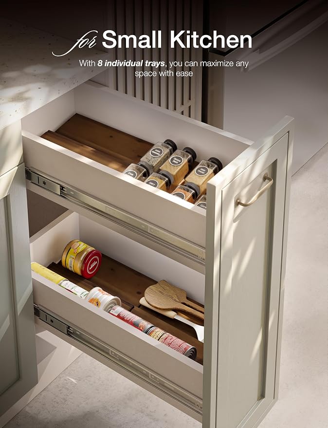 Tinamo Acacia Wooden Spice Rack Organizer for Cabinet - Spice Drawer Insert, Spice Organization for Cabinet, Seasoning Organizer, Spice Holder Pack of 8 (Walnut, Pack 8) | Acacia Wood Construction, No assembly, Stackable 4-tray design, Spacious for up ... - Image 6