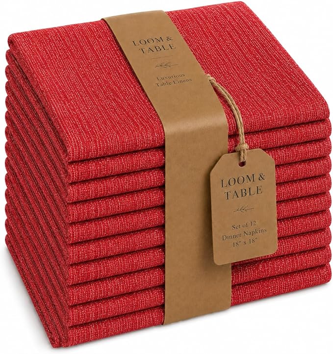 Byron Red Cloth Napkins by Loom & Table - Set of 12 - Elegant, Wrinkle-Resistant, Machine Washable – Luxury Napkin for Dining Room, Weddings, Dinner Parties, Holidays, Birthdays - 18 X 18 by LoomandTable