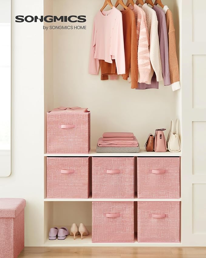 SONGMICS Storage Cubes, 13-Inch Non-Woven Fabric Bins with Double Handles, Set of 6, Closet Organizers for Shelves, Foldable, for Clothes, Jelly Pink UROB033R01 - Image 2