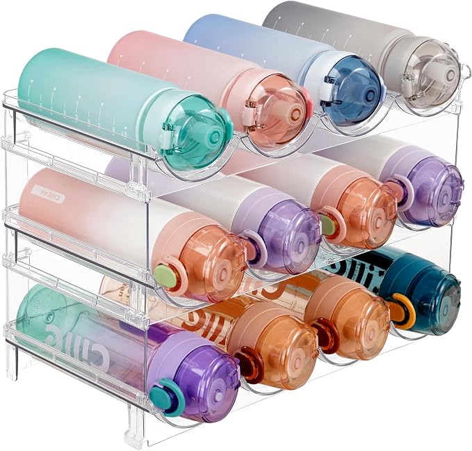 Vtopmart Stackable Water Bottle Organizer Holder, 3 Pack Clear Plastic Cup Storage Rack for Pantry Kitchen Cabinet Cupboard Countertop Organization and Storage, Hold 12 Bottles by Vtopmart
