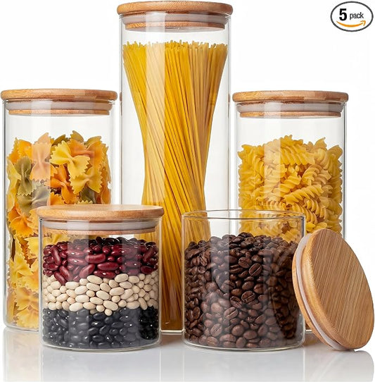 Multi Size - 5 Pack Glass Jars with Bamboo Lids, Glass Pantry Storage Containers with Airtight Lids, Round Air Tigh Food Storage Canisters for Cereal, Pasta, Flour, Sugar, Best for Kitchen Organizer by HomArtist