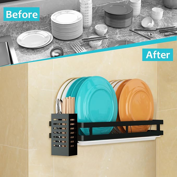 Wall Mounted Stainless Steel Dish Drying Rack Fruit Vegetable Storage Basket with Drainboard and Hanging Chopsticks Cage Kitchen Shelf Utensils Organizer (1 Tier) - Image 2