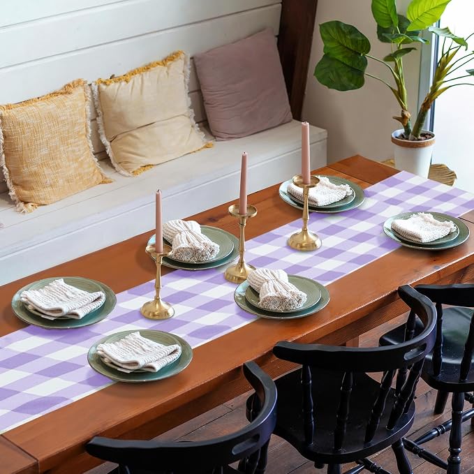 Cupuamon Fabric Checkered Table Runner 6 Pack Waterproof Gingham Table Runner 14W x 108L Buffalo Check Table Runners for Parties Kitchen Dining Wedding Banquet (Lavender and White) - Image 7