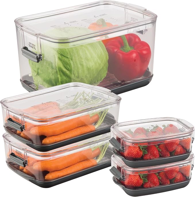 Progressive International Prepworks ProKeeper Food Fresh Produce Storage Container Set, 5- Piece, Clear Containers with Gray Sealed Tight Lids by ProgressiveInternational