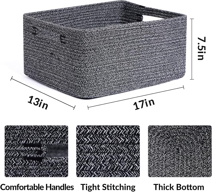 MiniArk Large Storage Baskets for Shelves, 17 x 13 x 7.5” Closet Organizers Bins for Clothes Blanket Towels, Baby Nursery, Toy Baskets Box, Woven Rope Baskets, 2 Packs Dark Gray - Image 2
