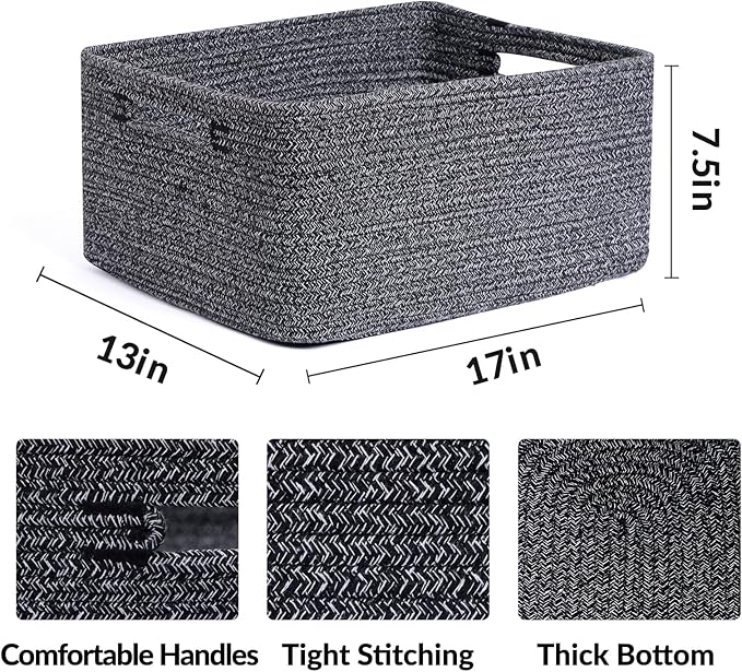 MiniArk Large Storage Baskets for Shelves, 17 x 13 x 7.5” Closet Organizers Bins for Clothes Blanket Towels, Baby Nursery, Toy Baskets Box, Woven Rope Baskets, 2 Packs Dark Gray - Image 2