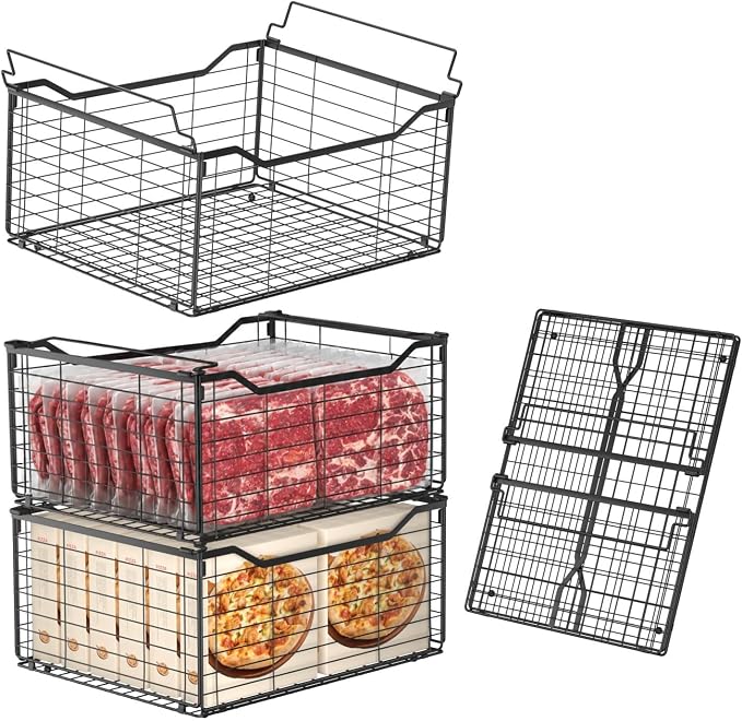 Freezer Organizer Bins,3 Pack Large Deep Freezer Organizer Bins for 5/7/10 Cu.FT Deep Freezer,Easy Access,Stackable & Sturdy,Black by Unknown