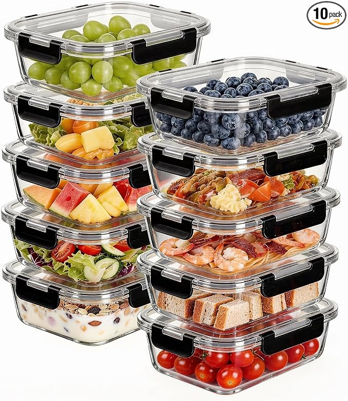 Liuruiyu 10 Pack 21.6oz Glass Food Storage Containers with Lids, Meal Prep Containers, Airtight Bento Boxes with Leak Proof Locking for Microwave, Oven, Freezer and Dishwasher, BPA Free by Liuruiyu