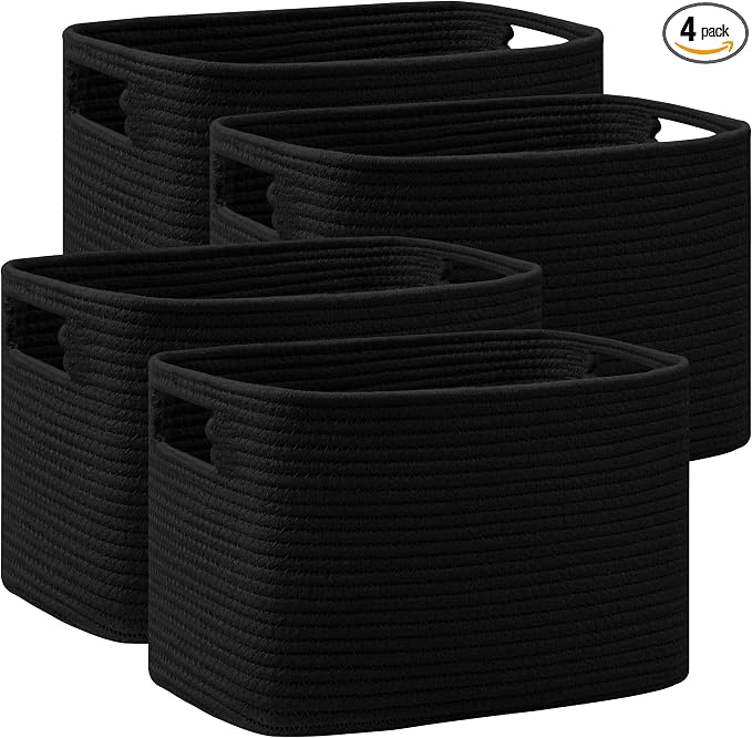 4 Pack Storage Baskets for Organizing, Shelf Baskets with Handles, Black | 14.5"Lx9.8"Wx9"H, Woven Basket, Cotton Rope Basket, Toy Storage, Cube Shelf, Gift Baskets Empty, Home Decor by UBBCARE