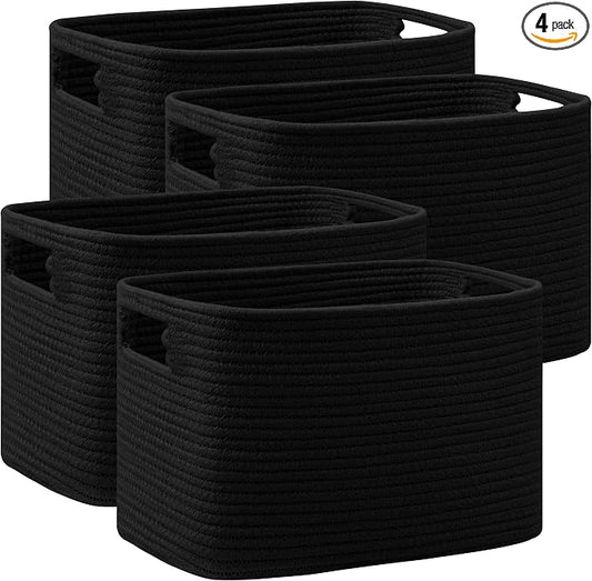 4 Pack Storage Baskets for Organizing, Shelf Baskets with Handles, Black | 14.5"Lx9.8"Wx9"H, Woven Basket, Cotton Rope Basket, Toy Storage, Cube Shelf, Gift Baskets Empty, Home Decor by UBBCARE