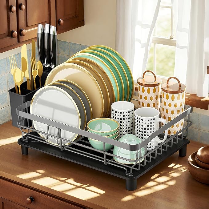 MOUKABAL Dish Drying Rack with Drainboard for Kitchen Counter, Grey | 13×17 Large Capacity/Rustproof Stainless Steel/Fast Drainage Dish Drainer/Removable Utensil Holder/Kitchen Counter Organizer - Image 8