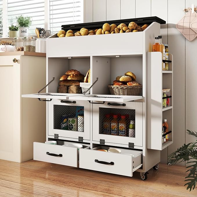 Verano Garden 31.5" Large Potato and Onion Storage Bin on Wheels, Bread Box | Fruit and Vegetable Organizer, Rolling, Side Rack, Flip-top, Mesh Doors, 4-Tier, Grocery Section, Ventilated, Wood, Kitchen - Image 9