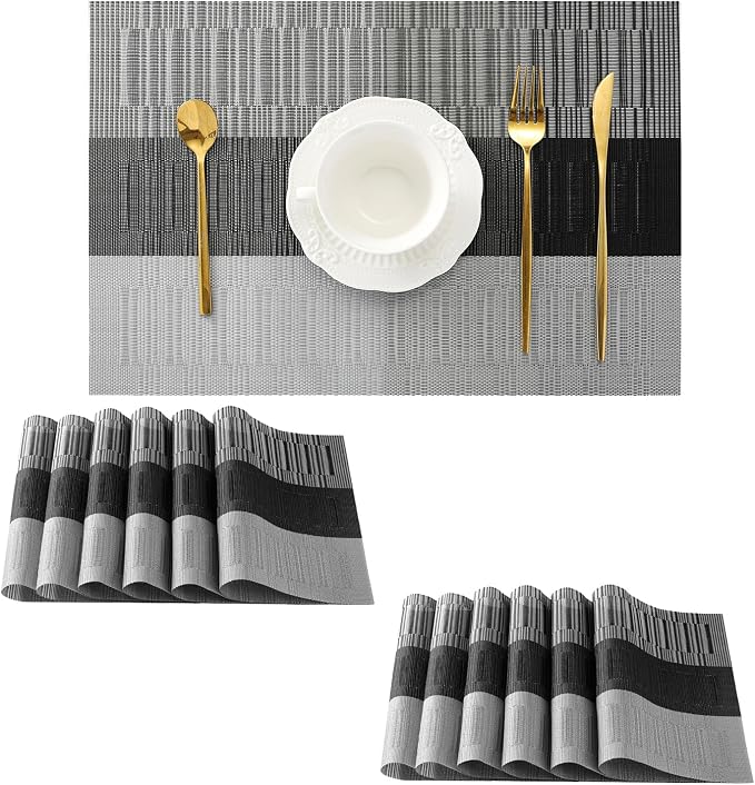 Leetaltree Grey with White Striped Placemats Set of 12 - Heat Resistant Non-Slip Place mats for Dining Table, Washable Durable PVC Vinyl Woven Table Mats（Grey Stripe, 12） by Leetaltree-ArtatEveryTable