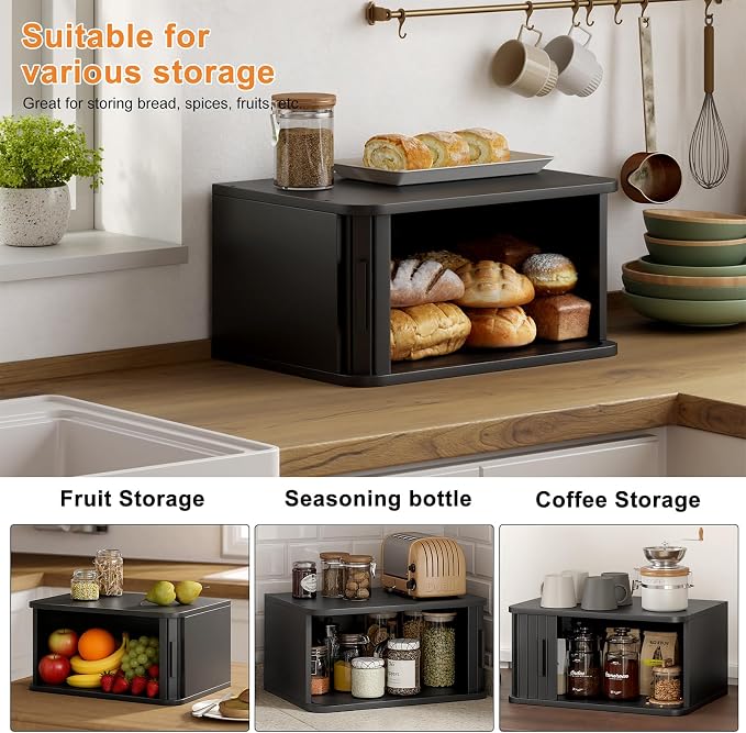 WOWLIVE Roll Top Bread Box for Kitchen Countertop, Bamboo Bread Storage | Airtight Bread Containers, Large Bread Bin with Sliding Door for Loaves, Bagels, Countertop Storage Cabinet, Black, Medium - Image 5