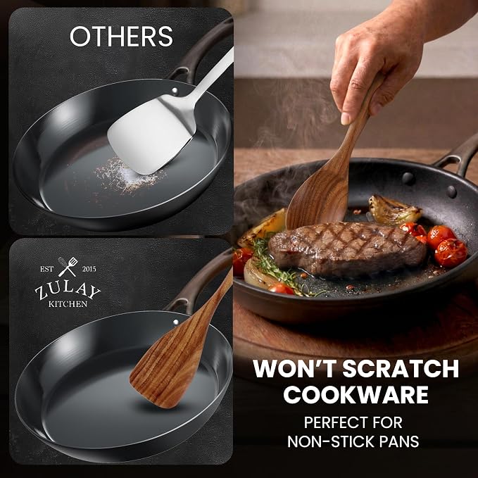 Zulay Kitchen Extra-Large 6-Piece Wooden Spoon Set - Smooth Teak Cooking Utensils - Comfort-Grip Non-Stick Turner, Spatula, Skimmer, Fork, Serving Spoon - Image 8
